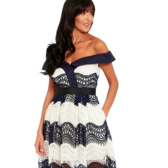 Self-Portrait Dresses & Skirts - Self-Portrait Off-the-Shoulder Wave Guipure Short Dress